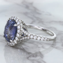 Load image into Gallery viewer, 7.86ct Oval Blue Sapphirewith diamond halo in 18K White Gold