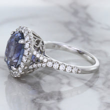Load image into Gallery viewer, 7.86ct Oval Blue Sapphirewith diamond halo in 18K White Gold