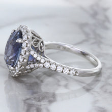 Load image into Gallery viewer, 7.86ct Oval Blue Sapphirewith diamond halo in 18K White Gold