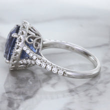 Load image into Gallery viewer, 7.86ct Oval Blue Sapphirewith diamond halo in 18K White Gold