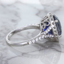 Load image into Gallery viewer, 7.86ct Oval Blue Sapphirewith diamond halo in 18K White Gold