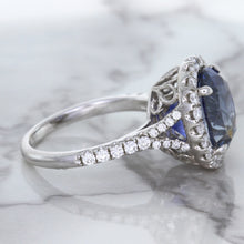 Load image into Gallery viewer, 7.86ct Oval Blue Sapphirewith diamond halo in 18K White Gold