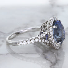 Load image into Gallery viewer, 7.86ct Oval Blue Sapphirewith diamond halo in 18K White Gold