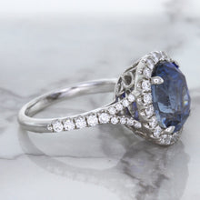 Load image into Gallery viewer, 7.86ct Oval Blue Sapphirewith diamond halo in 18K White Gold