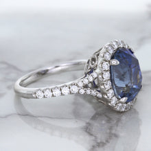 Load image into Gallery viewer, 7.86ct Oval Blue Sapphirewith diamond halo in 18K White Gold