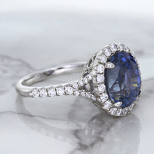 Load image into Gallery viewer, 7.86ct Oval Blue Sapphirewith diamond halo in 18K White Gold