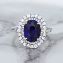 Load image into Gallery viewer, 3.75ct Oval Blue Sapphire Ring with Diamond Halo in 18K White Gold