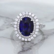 Load image into Gallery viewer, 3.75ct Oval Blue Sapphire Ring with Diamond Halo in 18K White Gold