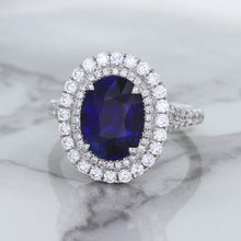 Load image into Gallery viewer, 3.75ct Oval Blue Sapphire Ring with Diamond Halo in 18K White Gold