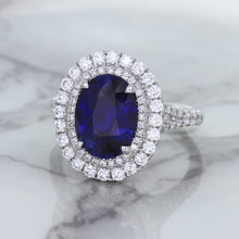 Load image into Gallery viewer, 3.75ct Oval Blue Sapphire Ring with Diamond Halo in 18K White Gold