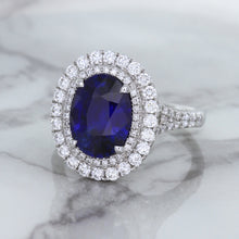 Load image into Gallery viewer, 3.75ct Oval Blue Sapphire Ring with Diamond Halo in 18K White Gold