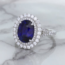 Load image into Gallery viewer, 3.75ct Oval Blue Sapphire Ring with Diamond Halo in 18K White Gold