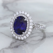 Load image into Gallery viewer, 3.75ct Oval Blue Sapphire Ring with Diamond Halo in 18K White Gold