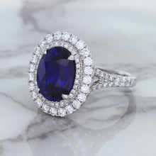 Load image into Gallery viewer, 3.75ct Oval Blue Sapphire Ring with Diamond Halo in 18K White Gold