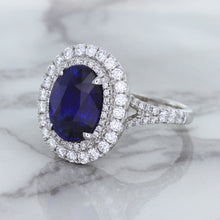 Load image into Gallery viewer, 3.75ct Oval Blue Sapphire Ring with Diamond Halo in 18K White Gold