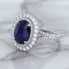 Load image into Gallery viewer, 3.75ct Oval Blue Sapphire Ring with Diamond Halo in 18K White Gold