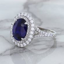 Load image into Gallery viewer, 3.75ct Oval Blue Sapphire Ring with Diamond Halo in 18K White Gold