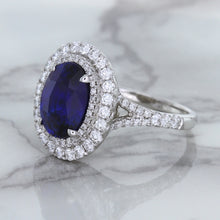 Load image into Gallery viewer, 3.75ct Oval Blue Sapphire Ring with Diamond Halo in 18K White Gold