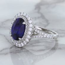 Load image into Gallery viewer, 3.75ct Oval Blue Sapphire Ring with Diamond Halo in 18K White Gold
