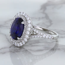 Load image into Gallery viewer, 3.75ct Oval Blue Sapphire Ring with Diamond Halo in 18K White Gold