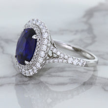 Load image into Gallery viewer, 3.75ct Oval Blue Sapphire Ring with Diamond Halo in 18K White Gold