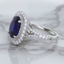 Load image into Gallery viewer, 3.75ct Oval Blue Sapphire Ring with Diamond Halo in 18K White Gold