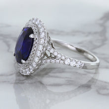 Load image into Gallery viewer, 3.75ct Oval Blue Sapphire Ring with Diamond Halo in 18K White Gold