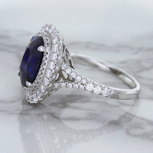Load image into Gallery viewer, 3.75ct Oval Blue Sapphire Ring with Diamond Halo in 18K White Gold