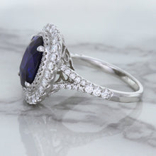 Load image into Gallery viewer, 3.75ct Oval Blue Sapphire Ring with Diamond Halo in 18K White Gold