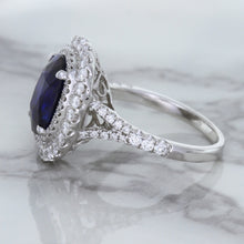 Load image into Gallery viewer, 3.75ct Oval Blue Sapphire Ring with Diamond Halo in 18K White Gold