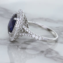 Load image into Gallery viewer, 3.75ct Oval Blue Sapphire Ring with Diamond Halo in 18K White Gold