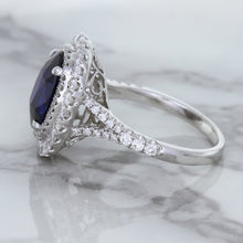 Load image into Gallery viewer, 3.75ct Oval Blue Sapphire Ring with Diamond Halo in 18K White Gold