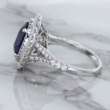 Load image into Gallery viewer, 3.75ct Oval Blue Sapphire Ring with Diamond Halo in 18K White Gold