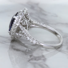 Load image into Gallery viewer, 3.75ct Oval Blue Sapphire Ring with Diamond Halo in 18K White Gold