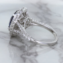 Load image into Gallery viewer, 3.75ct Oval Blue Sapphire Ring with Diamond Halo in 18K White Gold