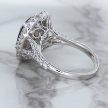 Load image into Gallery viewer, 3.75ct Oval Blue Sapphire Ring with Diamond Halo in 18K White Gold