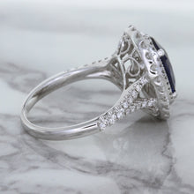 Load image into Gallery viewer, 3.75ct Oval Blue Sapphire Ring with Diamond Halo in 18K White Gold