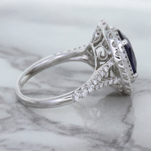 Load image into Gallery viewer, 3.75ct Oval Blue Sapphire Ring with Diamond Halo in 18K White Gold
