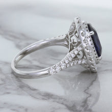 Load image into Gallery viewer, 3.75ct Oval Blue Sapphire Ring with Diamond Halo in 18K White Gold