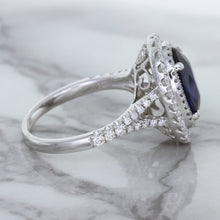 Load image into Gallery viewer, 3.75ct Oval Blue Sapphire Ring with Diamond Halo in 18K White Gold
