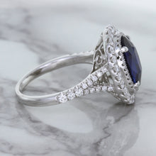 Load image into Gallery viewer, 3.75ct Oval Blue Sapphire Ring with Diamond Halo in 18K White Gold