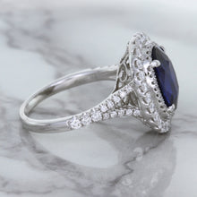 Load image into Gallery viewer, 3.75ct Oval Blue Sapphire Ring with Diamond Halo in 18K White Gold