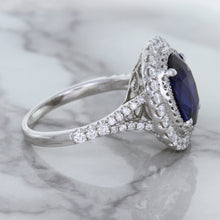 Load image into Gallery viewer, 3.75ct Oval Blue Sapphire Ring with Diamond Halo in 18K White Gold