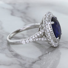 Load image into Gallery viewer, 3.75ct Oval Blue Sapphire Ring with Diamond Halo in 18K White Gold