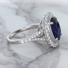 Load image into Gallery viewer, 3.75ct Oval Blue Sapphire Ring with Diamond Halo in 18K White Gold