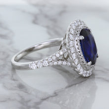 Load image into Gallery viewer, 3.75ct Oval Blue Sapphire Ring with Diamond Halo in 18K White Gold
