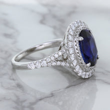 Load image into Gallery viewer, 3.75ct Oval Blue Sapphire Ring with Diamond Halo in 18K White Gold