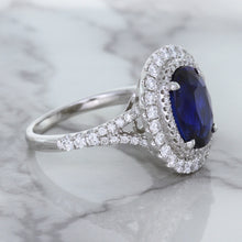 Load image into Gallery viewer, 3.75ct Oval Blue Sapphire Ring with Diamond Halo in 18K White Gold