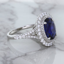Load image into Gallery viewer, 3.75ct Oval Blue Sapphire Ring with Diamond Halo in 18K White Gold