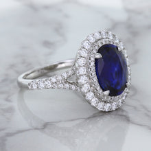 Load image into Gallery viewer, 3.75ct Oval Blue Sapphire Ring with Diamond Halo in 18K White Gold